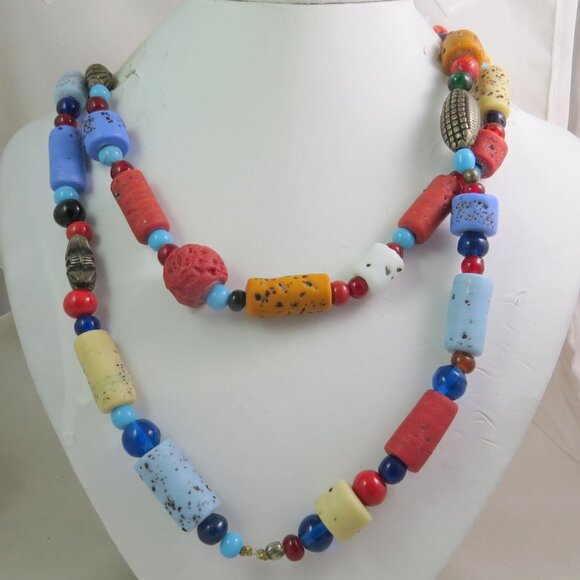 African Trade Bead Necklace with Metal, Cinnabar, Glass, and Stone beads 50 Inch - Picture 1 of 5